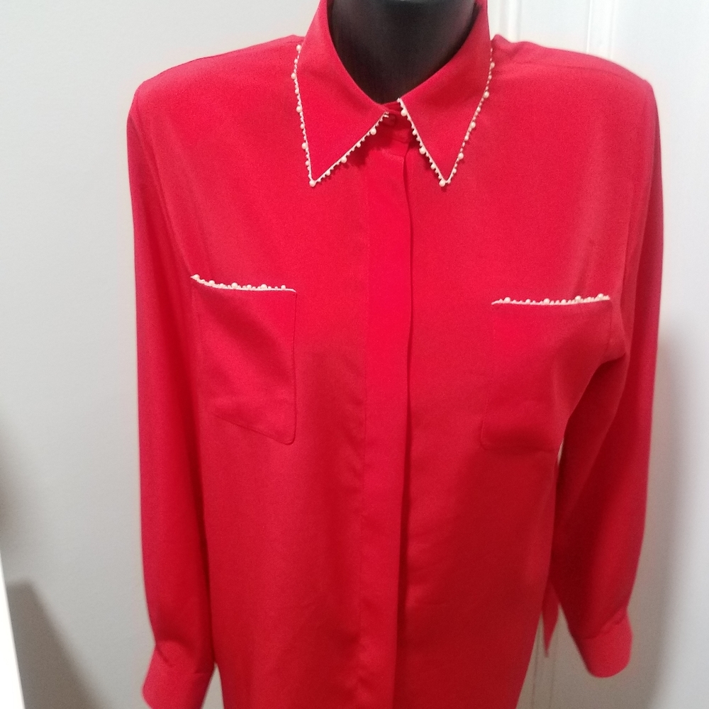 Annie Corvall Paris Red Blouse w pearl details